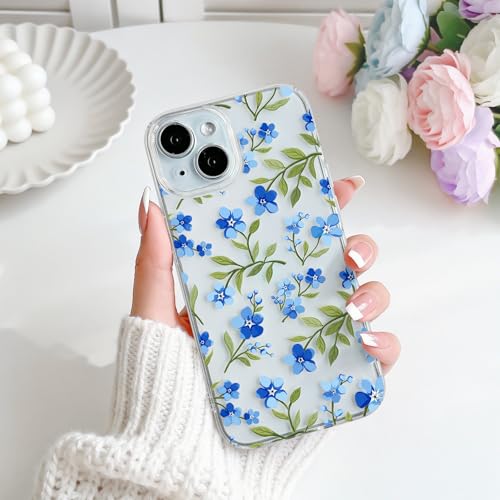 NITITOP Compatible with iPhone 15 Pro Case Clear Cute Flower - Blue | Branch, Floral, Precision camera cutouts, For girl woman, Slim fit, Soft TPU, Shockproof - color: Blue