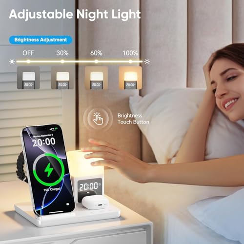 6 in 1 Wireless Charging Station with Clock & Night Light，Alarm Clocks for Bedrooms,Wireless Charger Stand with Beside Clock for iPhone 18/17/16/15/14/13/12 Pro Max, Apple Watch,Airpods (White) - color: White
