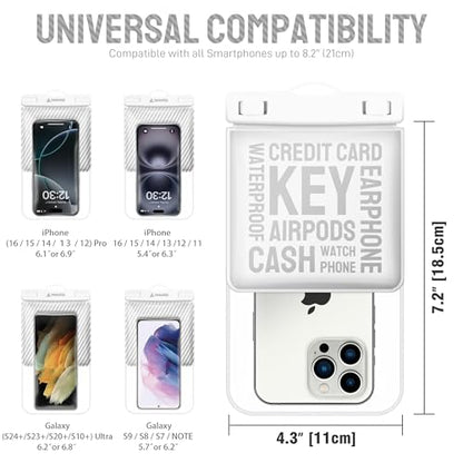 Universal Waterproof Phone Pouch [Double Space] IPX8 Dry Bag with Lanyard for iPhone 16 15 14 13 12 Pro Max XS XR X Galaxy S25 S24 S23 Ultra, Fit All Phones Up to 8'', White - color: White
