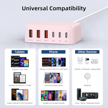 100W 6 in 1 USB Charger, 50% Smaller Charging Station for Multiple Devices - color: Pink