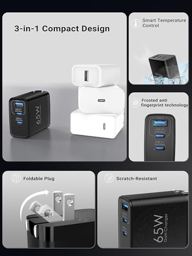 TOPADRE 65W USB C Charger Block,PD PPS 3 Ports GaN Charger Foldable Compact - color: Black, size: 65W, style: 1-pack