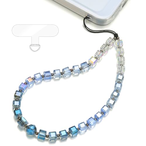 Crystal & Pearl Phone Charm Wrist Strap, Beaded Lanyard Wristlet Chain, Hands-Free Bracelet Strap for Phone Cases - color: Cube-blue