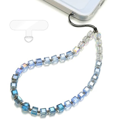 Crystal & Pearl Phone Charm Wrist Strap, Beaded Lanyard Wristlet Chain, Hands-Free Bracelet Strap for Phone Cases - color: Cube-blue
