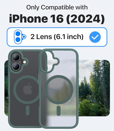 CAHEJILU Magnetic for iPhone 16 Case,[Compatible with MagSafe][Military Grade Drop Protection] Anti-Fingerprint Translucent Matte Shockproof Protective Case for iPhone 16 Phone Case 6.1",Night Green - color: A7-Night Green