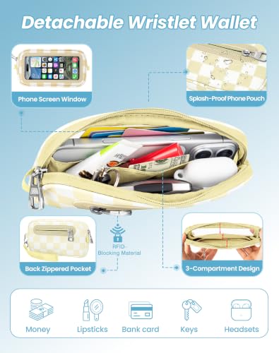 SHANSHUI Clip and Go Phone Strap Wallet: crossbody lanyard with detachable wristlet, zipper pocket, ID window, 2 metal tether pads. Compatible with iPhone & most smartphones. Beige White Checkered - color: Beige White Checkered