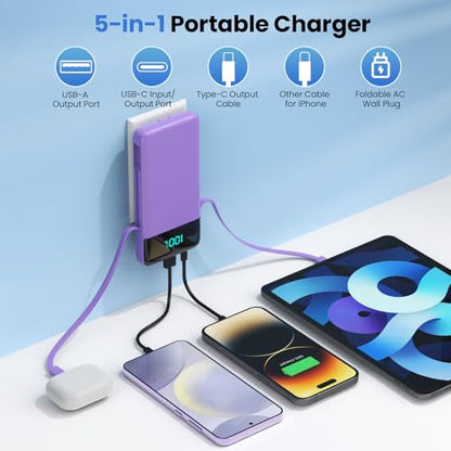 Portable Charger for iPhone,13800mAh Slim Power Bank with Built-in Cables & AC Wall Plug,All in One 4 Outputs USB C Fast Charging Battery Pack for iPhone 17/16/15/14,Android,Travel Essential (Purple) - color: Purple