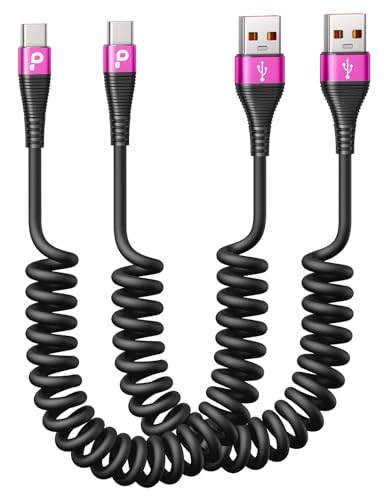USB A to USB C Cable for Car, 2Pack 3FT Coiled USB C Cable Fast Charging - color: Rose Red, size: 3FT, style: USB A to USB C