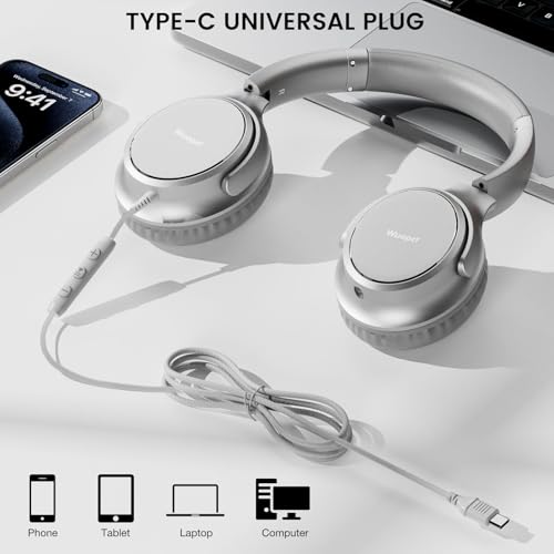 USB C Wired Over-Ear Headphones with Microphone - color: Silver