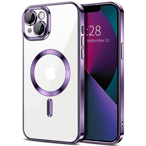 Hython Magnetic Clear for iPhone 13 Case with Camera Lens Protector [Compatible with MagSafe] Luxury Plating Edge Slim Soft TPU Cover Protective Phone Case for iPhone 13 6.1", Deep Purple - color: Deep Purple, size: Iphone 13 - 6.1 Inch