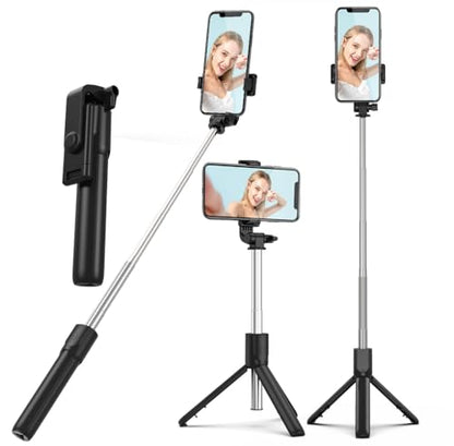 PINHEN Phone Tripod & Selfie Stick,3 in 1 Extendable 360° Rotation Tripod Stand with Detachable Wireless Remote Portable Smart Phone Holder Compatible with iPhone Android Sansung - color: Black