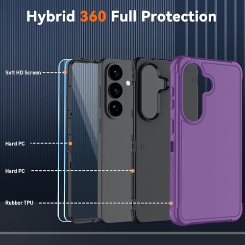 for Samsung Galaxy S26 Case with HD Screen Protector, 3-Layer Military Grade Shockproof Full Body Protection, Heavy Duty Hybrid Protective Phone Cover(Lilac Purple/Black) - color: Lilac Purple/Black