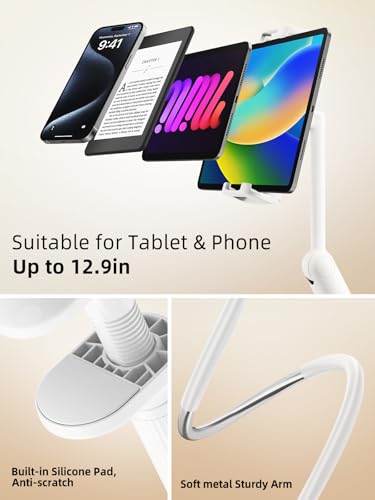 SAIJI Gooseneck Tablet Holder for Bed, One-Hand Adjustable, 47" Length, Upgraded Base, iPad Holder Stand Flexible Lazy Arm, Compatible with iPad/iPhone/Kindle/Switch or Other 4.7-13" Device (White) - color: White