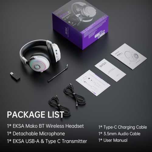 EKSA Wireless Gaming Headset with Detachable Microphone for PC,PS5,PS4 - color: White