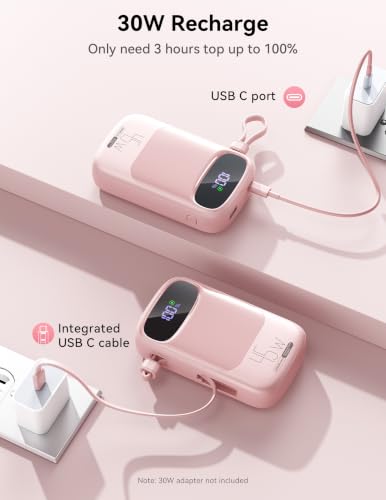 RETMSR Portable Charger 20000mAh 45W USB C Fast Charging, Built-in Cable - color: Misty Pink