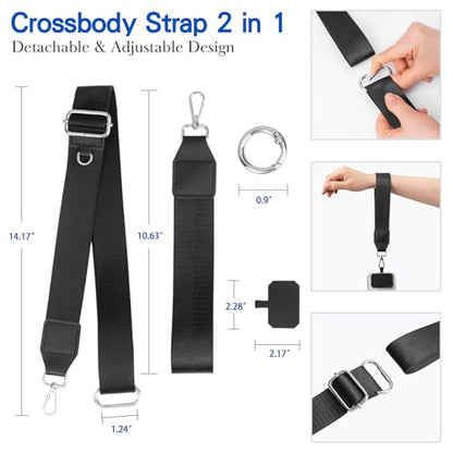 Clip & Go Phone Strap Crossbody with Wallet, 2 Pcs-Crossbody Lanyard with a Zipper Bag & Wrist Lanyard-1 Pad, Save Girls Phone Strap with Pouch, Universal Adjustable Neck Cellphone Holder (Black) - color: Big Bag Phone Strap-black