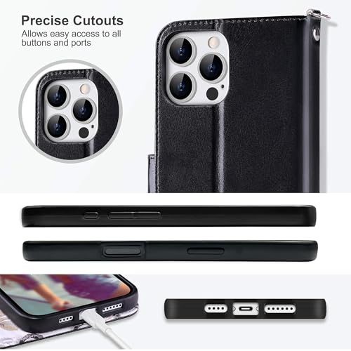 ULAK Compatible with iPhone 16 Pro Max Wallet Case Card Holder Black Flower | with Card Holder, [RFID Blocking] PU Leather Case Kickstand Card Slots Wrist Strap, Durable Shockproof Cover 6.9 Inch - color: Black, size: iPhone 16 Pro Max - 6.9 inch
