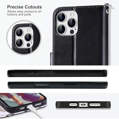 ULAK Compatible with iPhone 16 Pro Max Wallet Case Card Holder Black Flower | with Card Holder, [RFID Blocking] PU Leather Case Kickstand Card Slots Wrist Strap, Durable Shockproof Cover 6.9 Inch - color: Black, size: iPhone 16 Pro Max - 6.9 inch