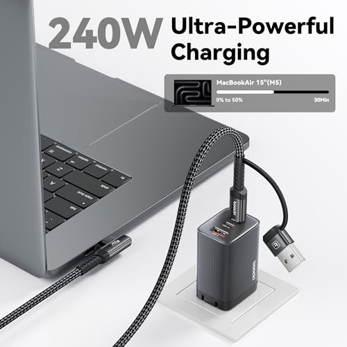 240W USB C to USB C Cable 10FT 2Pack, 2-in-1 Right Angle, Fast Charging - color: Black