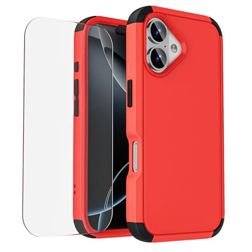 Compatible with iPhone 16 Phone Case with Tempered Glass Screen Protector - 3 in 1 Shockproof Shock-Resistant Drop Protection Non-Slip Protective Case for Apple iPhone 16 6.1" (RedBlack) - color: RedBlack, size: i16