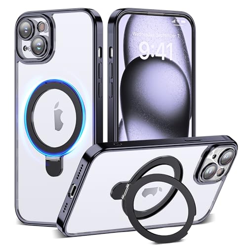 Compatible with iPhone 15 Case with Magnetic Ring Stand [Camera Len Protectors][Compatible with Mag-Safe] Clear Plating Phone Case for iPhone 15 6.1",Black - color: Black, size: iPhone 15