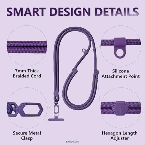 Adjustable Crossbody Phone Lanyard, Braided Cord with Tether Tab - color: Dpurple