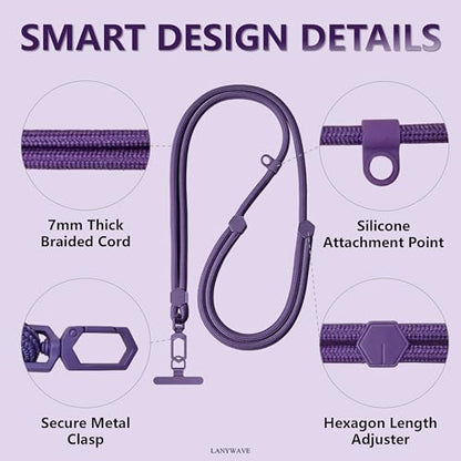 Adjustable Crossbody Phone Lanyard, Braided Cord with Tether Tab - color: Dpurple