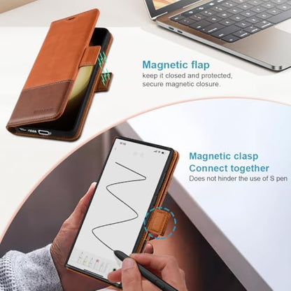 KEZiHOME Genuine Leather Wallet Case for Samsung Galaxy S25 Ultra | Khaki/Brown, RFID Blocking, S25 Ultra Wallet Case, Card Slot, Flip, Magnetic Stand Phone Cover Compatible with S25 Ultra - color: Khaki/Brown, size: Galaxy S25 Ultra Case
