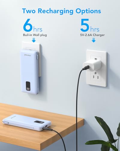 charmast Portable Charger Power Bank Built in Cables,10000mAh Battery Pack | with AC Wall Plug,LED Display & 5 Outputs,Travel Camping Essentials Slim External Phone Charger for iPhone,Samsung,Android - color: Skyblue