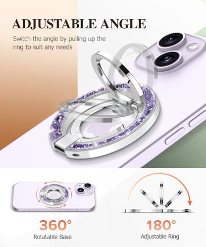 GVIEWIN Magnetic Phone Ring Holder, Compatible with MagSafe Phone Grip | Adjustable Stand, Magnet Phone Ring Kickstand, for iPhone 17/16/15/14/13/12 Pro Max Plus Air/Other Phones (Glitter/Purple) - color: Glitter/Purple