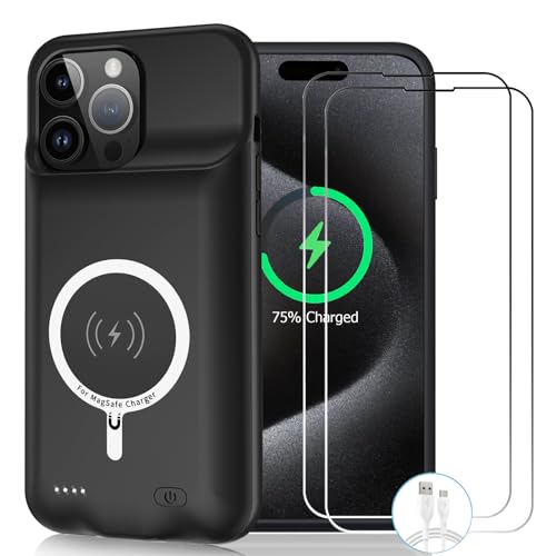 Battery Case for iPhone 15 Pro Max, 12000mAh Slim Portable Rechargeable Protective Battery Pack Cover Wireless Charging Case Compatible with iPhone 15 Pro Max (6.7 inch) Extended Charger Cover(Black) - size: iPhone 15 Pro Max