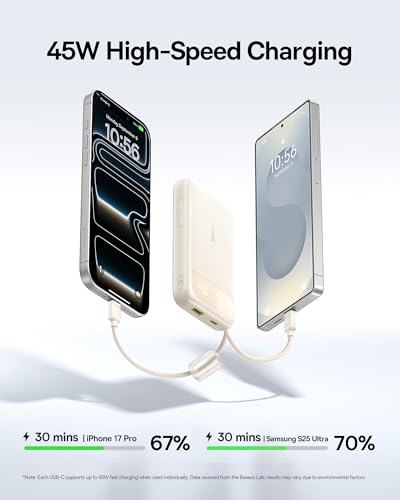 Baseus 20000mAh Compact Portable Charger 45W, CCC Certified Power Bank Built-in USB-C Cables, Travel Essential PD Fast Charging Battery Pack for iPhone 17/16 Series Galaxy S25/S24 Ultra Google iPad - color: Beige
