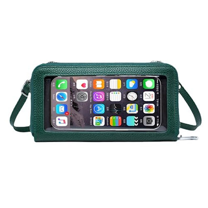 Cell Phone Purse for Women Touch Screen Crossbody Wallet Genuine Leather Mini Bag with Phone Holder Pocket - color: Dk Green