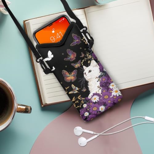 Mini Cell Phone Crossbody Bag Neoprene Smartphone Wallet Bag Shockproof and Waterproof Compatible with Most Smartphones for Traveling, Beach, Cute Cat Butterfly Violet Daisy Black - color: Cute Cat Butterfly Violet Daisy Black