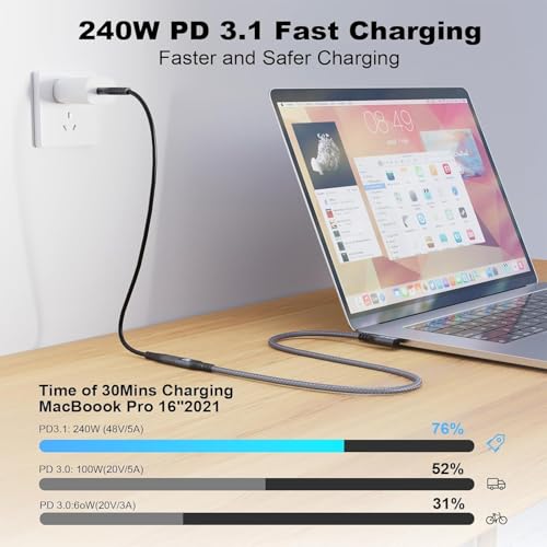 Long USB C 3.2 Cable Gen-2 240W Charging Extension 5m 16.5ft - size: 5 m, style: usb 3.2 Elbow