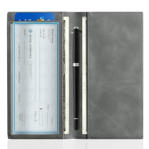 CoBak Checkbook Cover for Women & Men - PU Leather Case with RFID Blocking | Classic Design Check Book Holder for Personal and Business - color: Dark Gray