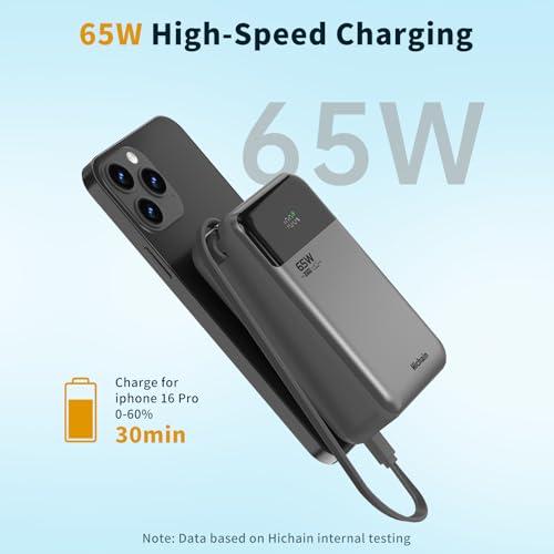 Hichain Laptop Power Bank 65W 20000mAh with Built-in USB-C Cable - color: Black