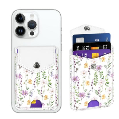 Self Adhesive Card Holders for Back of Phone, Leather RFID Phone Wallet Pockets with Snap, Card Holders Sleeve for Phone Case, Cute Flower - color: Cute Flower