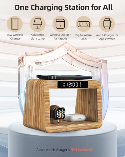 Bamboo Wireless Charging Station with Alarm Clock & Night Light, 3 in 1 Charging Station for iPhone 17/16/15/14/13/12/11 Pro Max/X/Xs, AirPods 4/3 & AirPods Pro 3/2/1/, Apple Watch Series