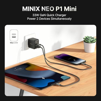 MINIX P1 Mini 30W USB C Charger, 33W PPS 2-Port GaN Charger 1 USB-C Port, 1 USB-A Port with Foldable Plug, Compatible with iPhone 8-15/16 Series, Galaxy S10-S23, Pad and More