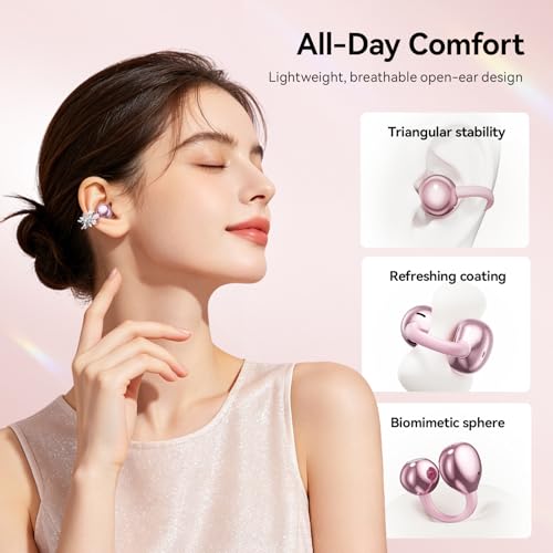 Clip On Earbuds with Detachable Butterfly Earrings & LED Makeup Mirror Case, Wireless Earbuds Bluetooth 6.0, Air Conduction Headphones, Lightweight for Travel Work Daily Use,Great Gift Choice - color: Blush Pink