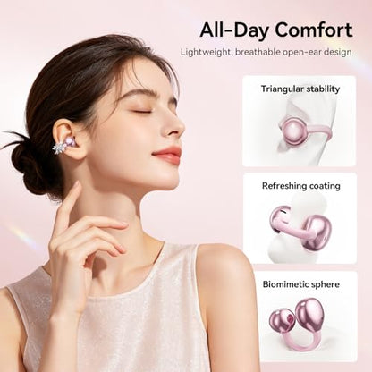 Clip On Earbuds with Detachable Butterfly Earrings & LED Makeup Mirror Case, Wireless Earbuds Bluetooth 6.0, Air Conduction Headphones, Lightweight for Travel Work Daily Use,Great Gift Choice - color: Blush Pink