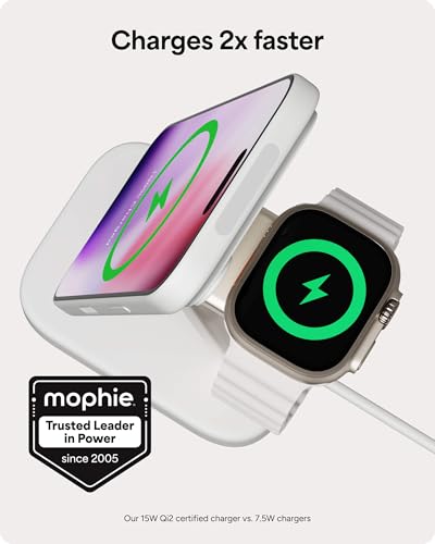 Mophie 2-in-1 Wireless Charging Stand - Qi2-Certified, MagSafe Charger for iPhone & Apple Watch – Fast Charging Station with Adjustable Phone Stand & Cable Management – Up to 15W Power - color: White, size: 2-in-1 iPhone/ Apple Watch Charging Stand