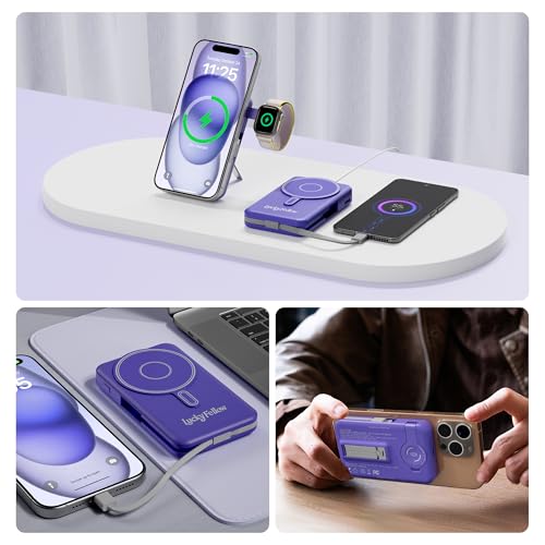 Magnetic Portable Charger Built-in Cables,10000mAh Fast Charging Wireless Charger Station External Battery Pack Slim Pocket Size Power Bank with Stand Compatible with iWatch, iPhone - color: Blue