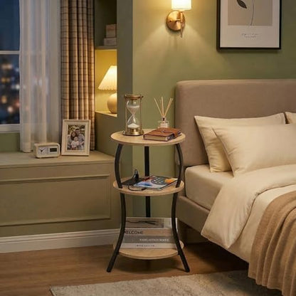YEAKOO Small Side Table with Charging Station,3-Tier Round end Table - color: Oak, style: USB Charger