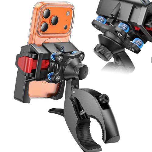 Motorcycle Phone Mount,[1s Auto Lock & Vibration Dampener]Anti-Shake Handlebar Cell Phone Clamp,360° Rotation Bike Phone Holder for iPhone 17 16 Pro Max, Samsung Galaxy S25 Ultra, 4.7-7.2" Smartphones - style: Airbag Shock