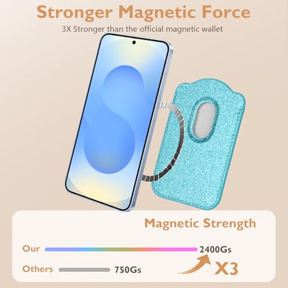 Fjcdslwx Compatible with Magsafe Wallet Magnetic Card Holder -Glitter Seablue Phone Wallet for Galaxy S25 Series,iPhone 17/16/15/14/13 Series for Women Teen Girls for Apple Mag RFID Magnet,Fit 3 Cards - color: Sea blue