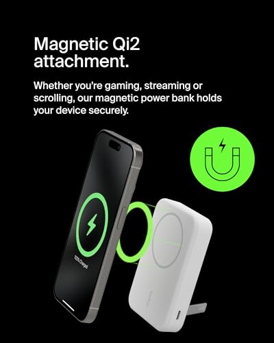 Belkin 10000mAh 15W Qi2 MagSafe Power Bank with Kickstand | Wireless Charging Battery Pack, iPhone 17, Air, Pro, Pro Max, AirPods, Apple Watch, Google Pixel 10, Built-in Stand, Magnetic - color: White, style: 10K mAh