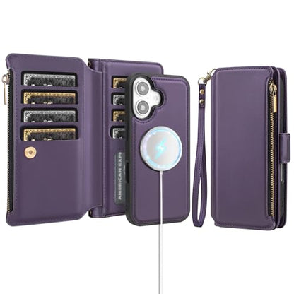 Antsturdy Compatible with MagSafe iPhone 17 Wallet Case,Purple | Detachable Magnetic Credit Card Holder,RFID Blocking,PU Leather Zipper Purse,Wrist Strap Kickstand,Flip Phone Cover for Women - color: (Detachable with Magsafe)-Purple