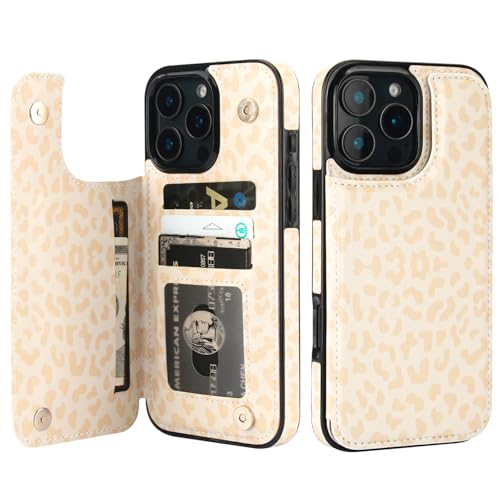 HAOPINSH for iPhone 16 Pro Max Wallet Case with Card Holder, Cream-Coloured Leopard Pattern Back Flip Folio PU Leather Kickstand Card Slots Case for Women Girls, Double Magnetic Clasp Shockproof 6.9" - color: Cream-coloured Leopard