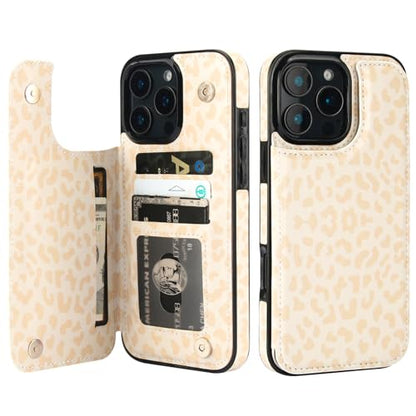 HAOPINSH for iPhone 16 Pro Max Wallet Case with Card Holder, Cream-Coloured Leopard Pattern Back Flip Folio PU Leather Kickstand Card Slots Case for Women Girls, Double Magnetic Clasp Shockproof 6.9" - color: Cream-coloured Leopard